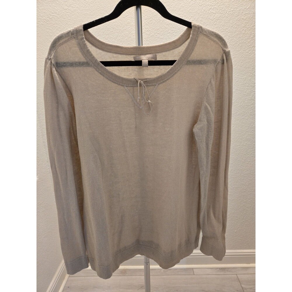 Banana Republic XL Beige Metallic Keyhole Tie Long Sleeve Sweater Top Women's